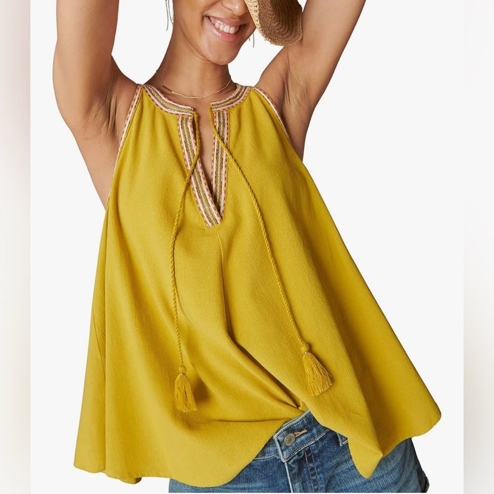 Lucky Brand Women’s Embroidered Peasant Swing Tank Golden‎ Olive Med
